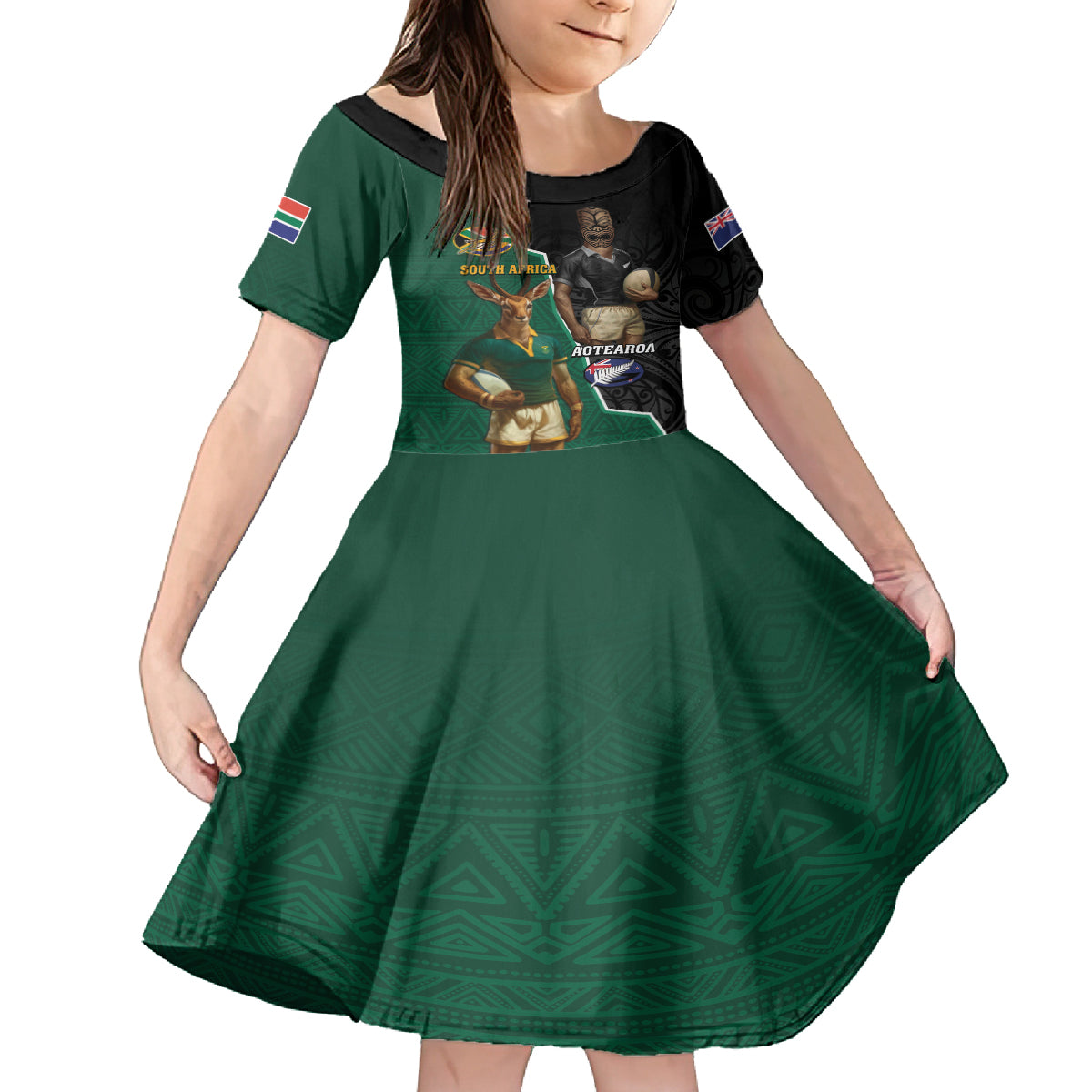 Personalised New Zealand And South Africa Rugby Family Matching Long Sleeve Bodycon Dress and Hawaiian Shirt 2024 All Black Springboks Mascots Together