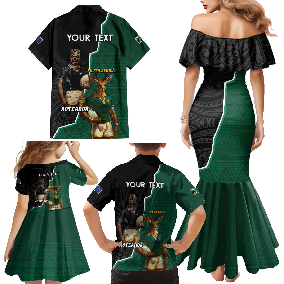 Personalised New Zealand And South Africa Rugby Family Matching Mermaid Dress and Hawaiian Shirt 2024 All Black Springboks Mascots Together