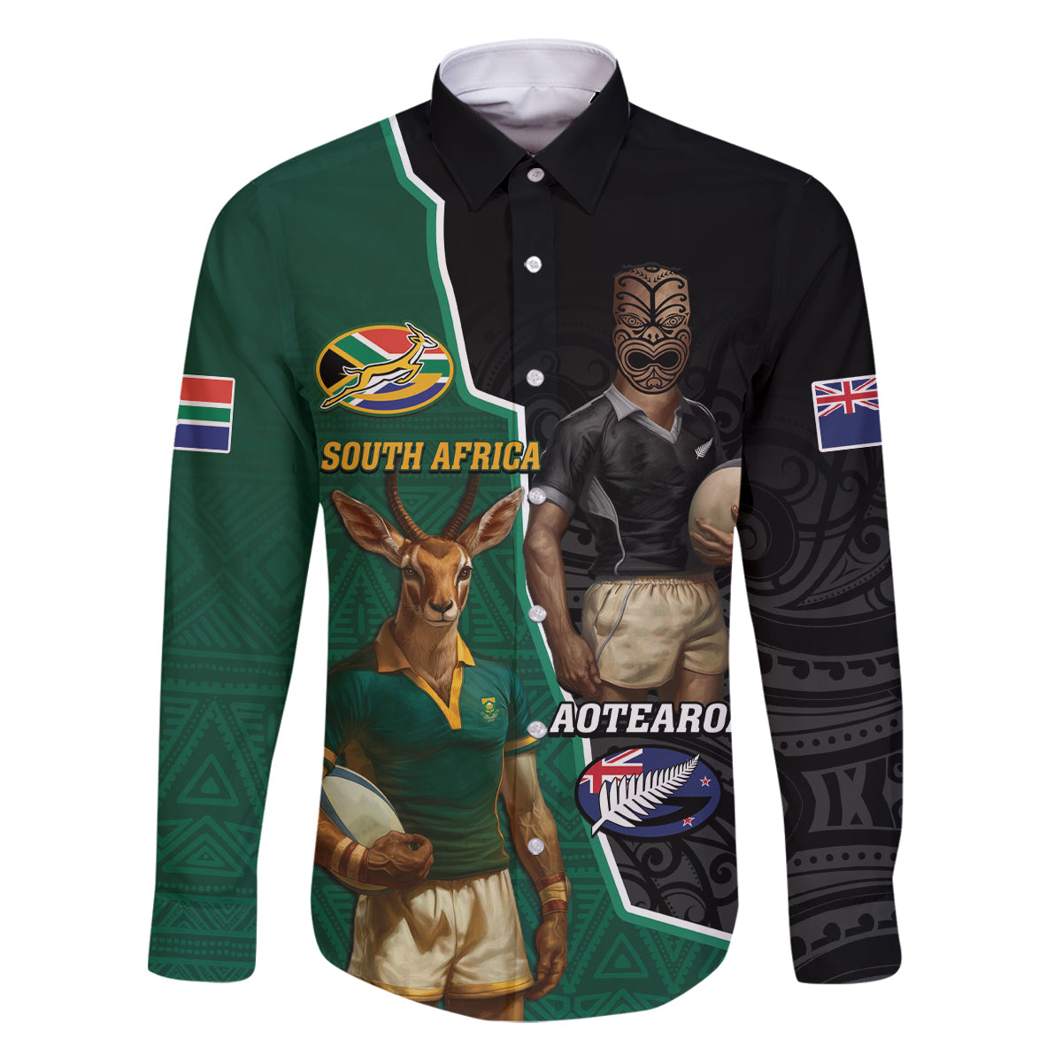 Personalised New Zealand And South Africa Rugby Family Matching Puletasi and Hawaiian Shirt 2024 All Black Springboks Mascots Together