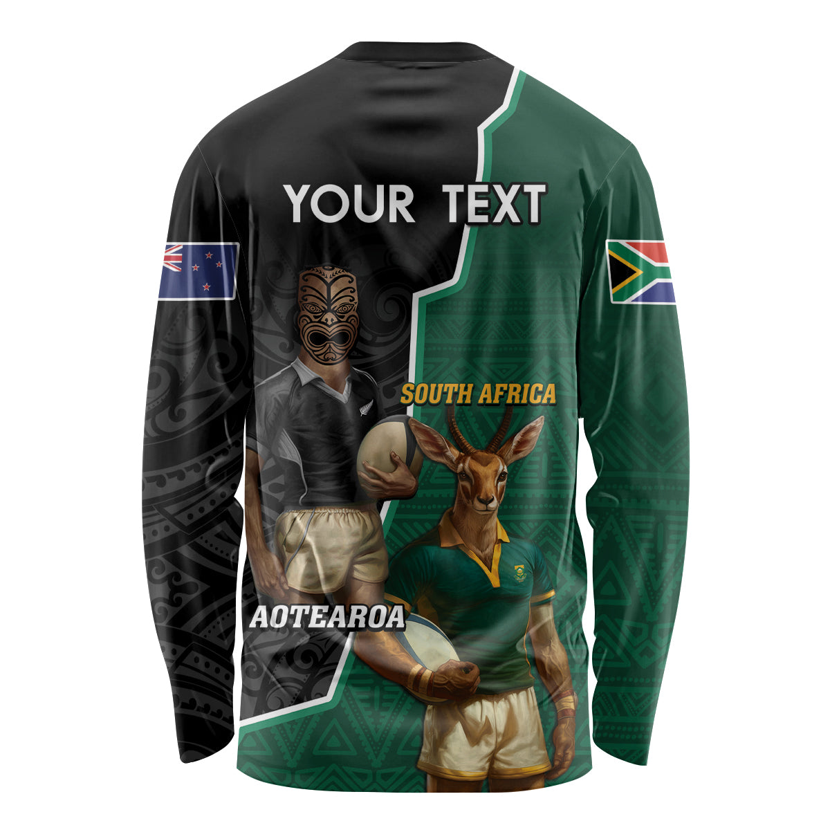 Personalised New Zealand And South Africa Rugby Long Sleeve Shirt 2024 All Black Springboks Mascots Together