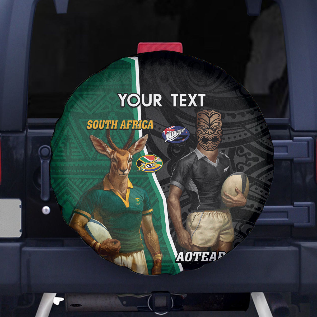 Personalised New Zealand And South Africa Rugby Spare Tire Cover 2024 All Black Springboks Mascots Together LT14 - Polynesian Pride