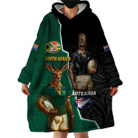 Personalised New Zealand And South Africa Rugby Wearable Blanket Hoodie 2024 All Black Springboks Mascots Together