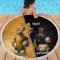 Personalised New Zealand And Australia Rugby Beach Blanket 2024 All Black Wallabies Mascots Together