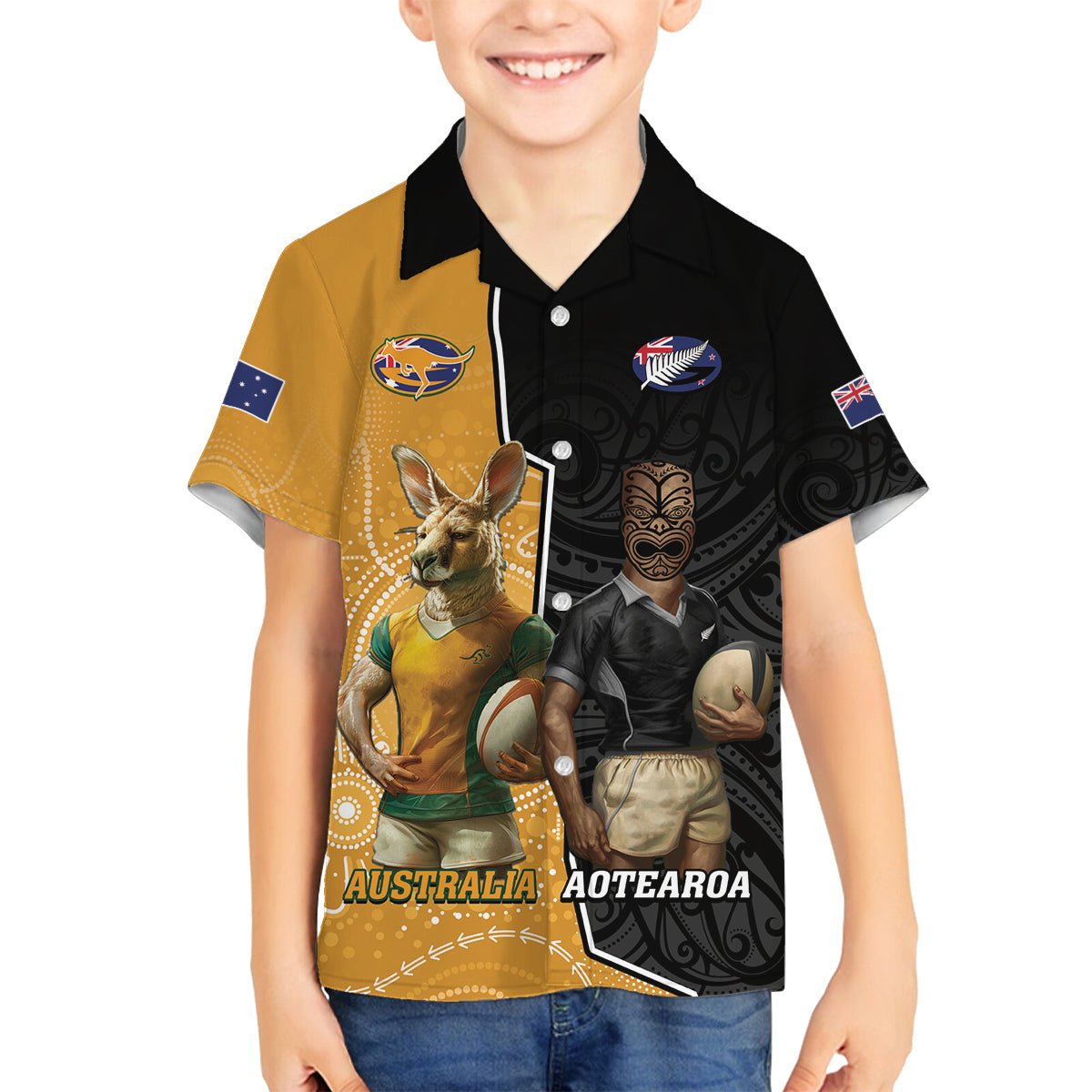 Personalised New Zealand And Australia Rugby Family Matching Off Shoulder Short Dress and Hawaiian Shirt 2024 All Black Wallabies Mascots Together