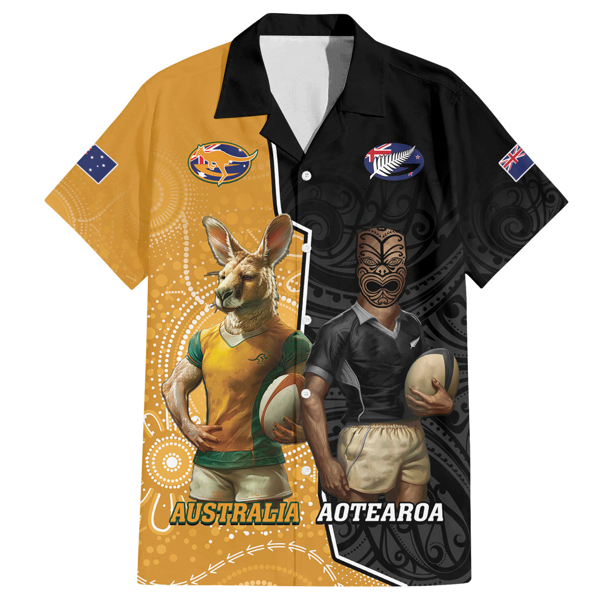 Personalised New Zealand And Australia Rugby Family Matching Summer Maxi Dress and Hawaiian Shirt 2024 All Black Wallabies Mascots Together
