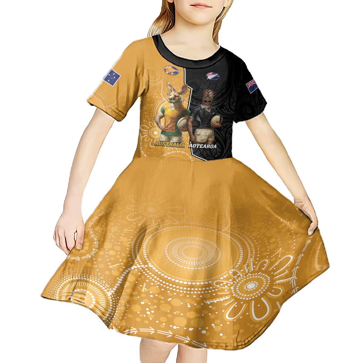 Personalised New Zealand And Australia Rugby Kid Short Sleeve Dress 2024 All Black Wallabies Mascots Together