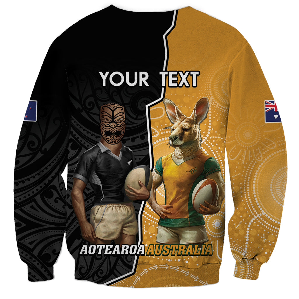 Personalised New Zealand And Australia Rugby Sweatshirt 2024 All Black Wallabies Mascots Together