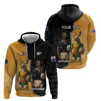 Personalised New Zealand And Australia Rugby Zip Hoodie 2024 All Black Wallabies Mascots Together