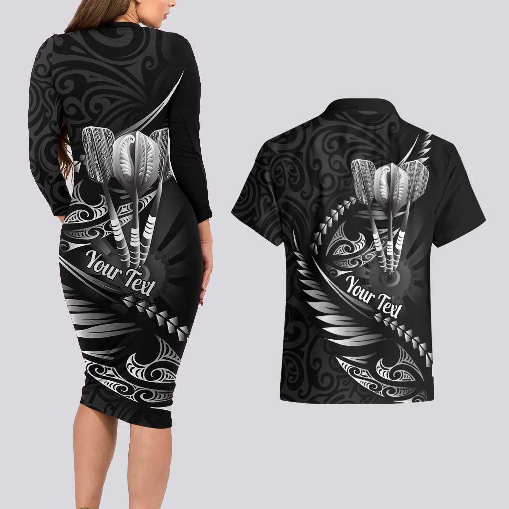 Personalised All Black New Zealand Darts Couples Matching Long Sleeve Bodycon Dress and Hawaiian Shirt Aoteroa Fern Maori Galaxy Style