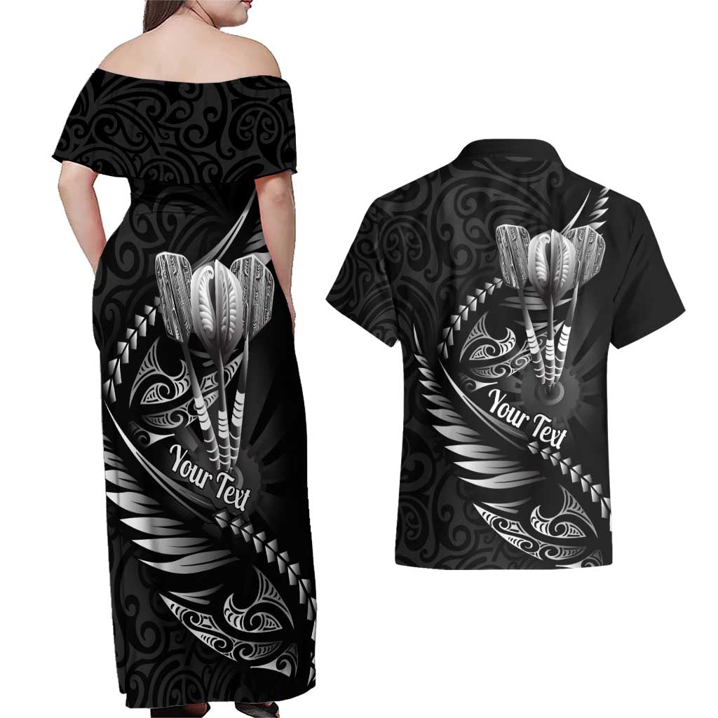 Personalised All Black New Zealand Darts Couples Matching Off Shoulder Maxi Dress and Hawaiian Shirt Aoteroa Fern Maori Galaxy Style