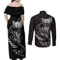 Personalised All Black New Zealand Darts Couples Matching Off Shoulder Maxi Dress and Long Sleeve Button Shirt Aoteroa Fern Maori Galaxy Style