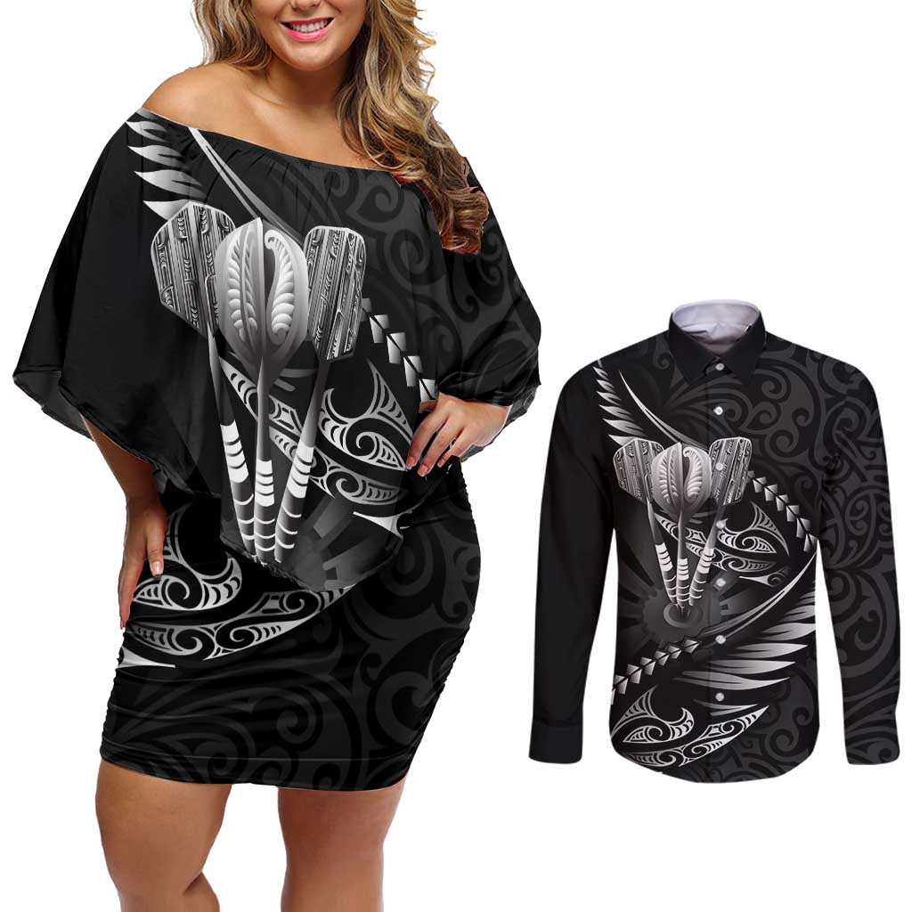 Personalised All Black New Zealand Darts Couples Matching Off Shoulder Short Dress and Long Sleeve Button Shirt Aoteroa Fern Maori Galaxy Style