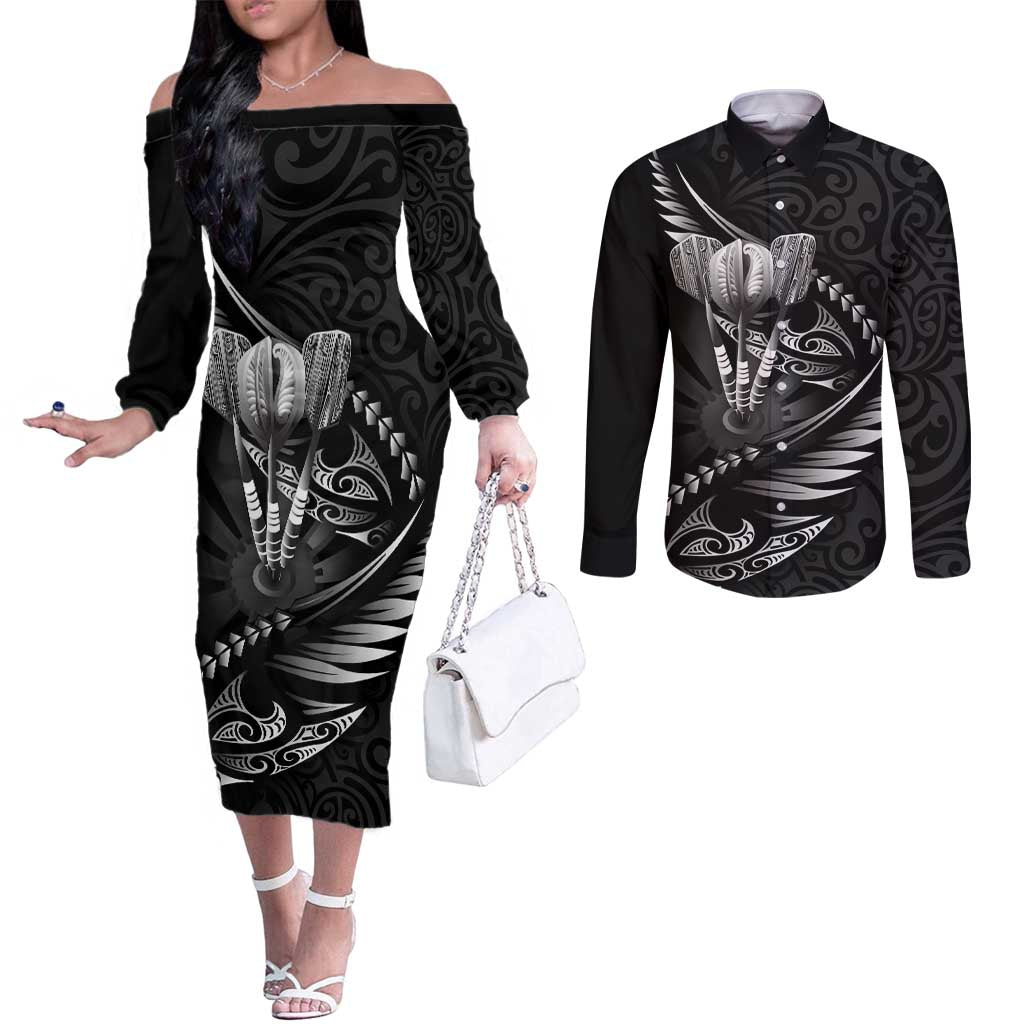 Personalised All Black New Zealand Darts Couples Matching Off The Shoulder Long Sleeve Dress and Long Sleeve Button Shirt Aoteroa Fern Maori Galaxy Style