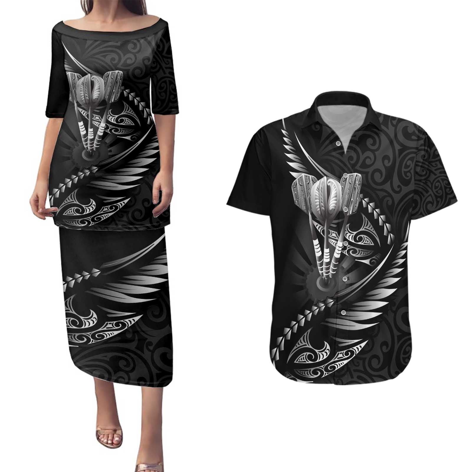 Personalised All Black New Zealand Darts Couples Matching Puletasi and Hawaiian Shirt Aoteroa Fern Maori Galaxy Style