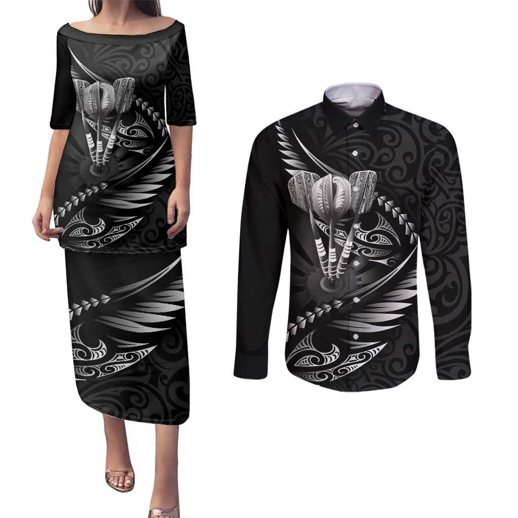 Personalised All Black New Zealand Darts Couples Matching Puletasi and Long Sleeve Button Shirt Aoteroa Fern Maori Galaxy Style