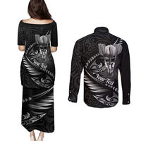 Personalised All Black New Zealand Darts Couples Matching Puletasi and Long Sleeve Button Shirt Aoteroa Fern Maori Galaxy Style