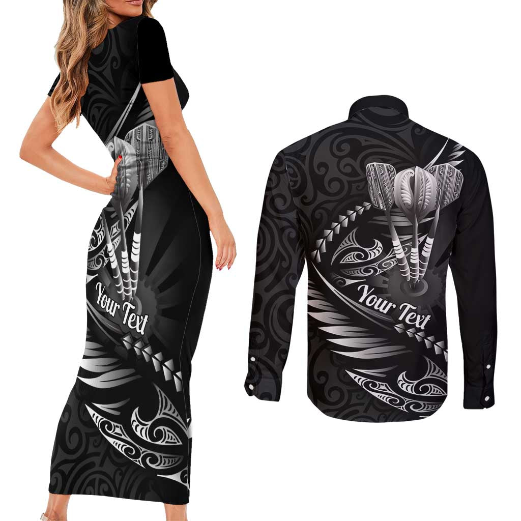 Personalised All Black New Zealand Darts Couples Matching Short Sleeve Bodycon Dress and Long Sleeve Button Shirt Aoteroa Fern Maori Galaxy Style