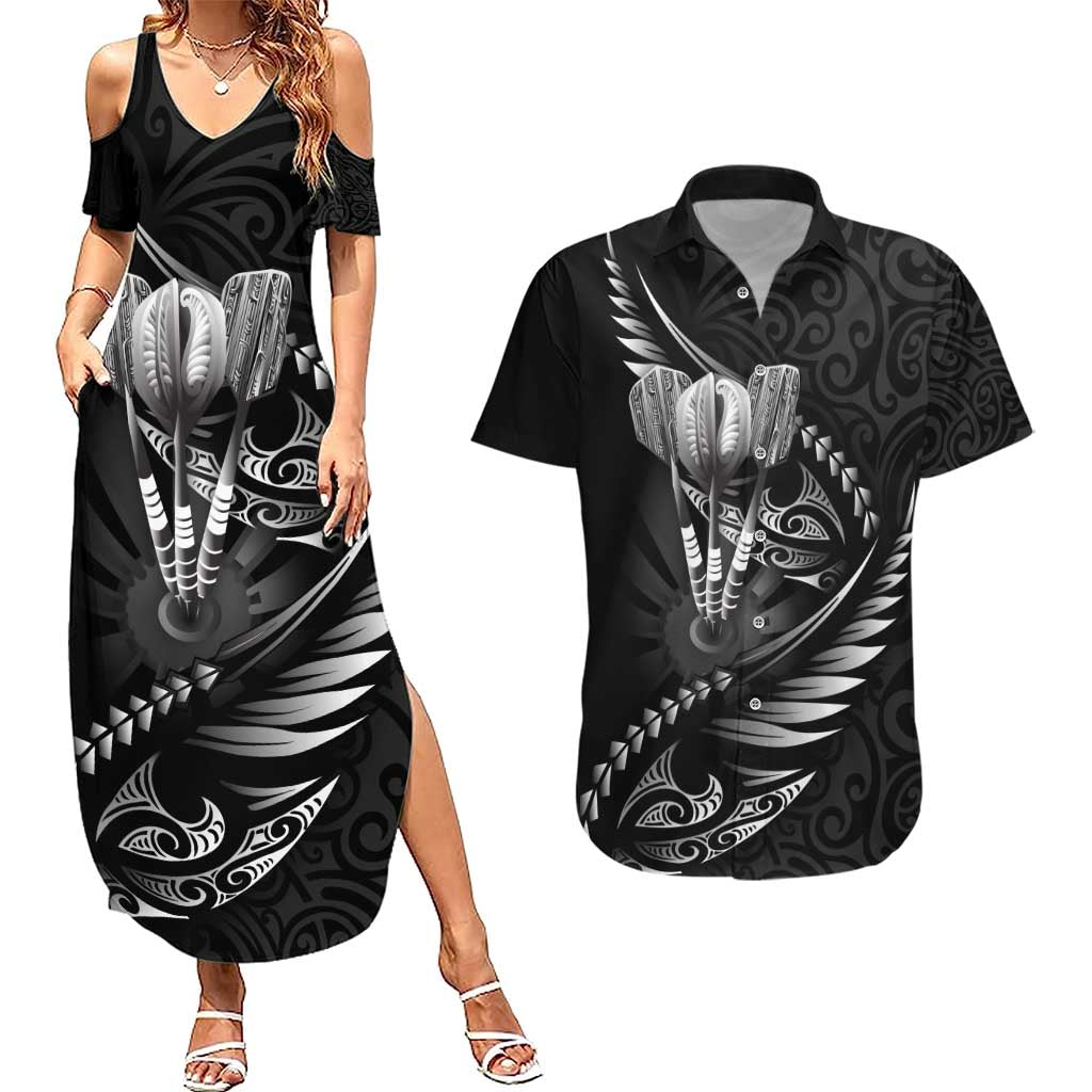 Personalised All Black New Zealand Darts Couples Matching Summer Maxi Dress and Hawaiian Shirt Aoteroa Fern Maori Galaxy Style