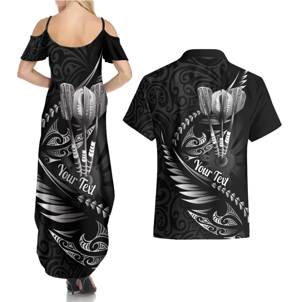 Personalised All Black New Zealand Darts Couples Matching Summer Maxi Dress and Hawaiian Shirt Aoteroa Fern Maori Galaxy Style