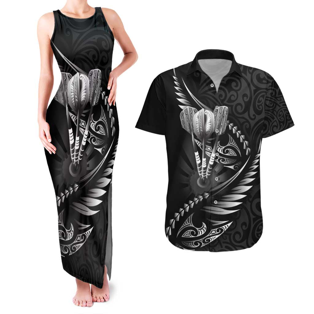 Personalised All Black New Zealand Darts Couples Matching Tank Maxi Dress and Hawaiian Shirt Aoteroa Fern Maori Galaxy Style
