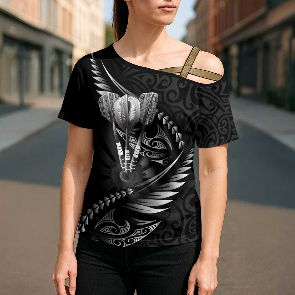 Personalised All Black New Zealand Darts Cross Shoulder Shirt Aoteroa Fern Maori Galaxy Style - Polynesian Pride