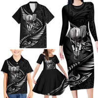 Personalised All Black New Zealand Darts Family Matching Long Sleeve Bodycon Dress and Hawaiian Shirt Aoteroa Fern Maori Galaxy Style