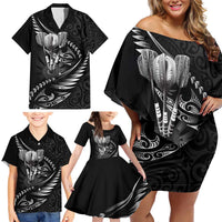 Personalised All Black New Zealand Darts Family Matching Off Shoulder Short Dress and Hawaiian Shirt Aoteroa Fern Maori Galaxy Style