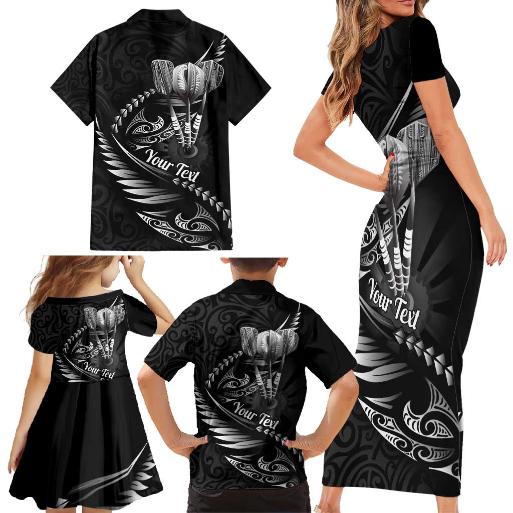 Personalised All Black New Zealand Darts Family Matching Short Sleeve Bodycon Dress and Hawaiian Shirt Aoteroa Fern Maori Galaxy Style