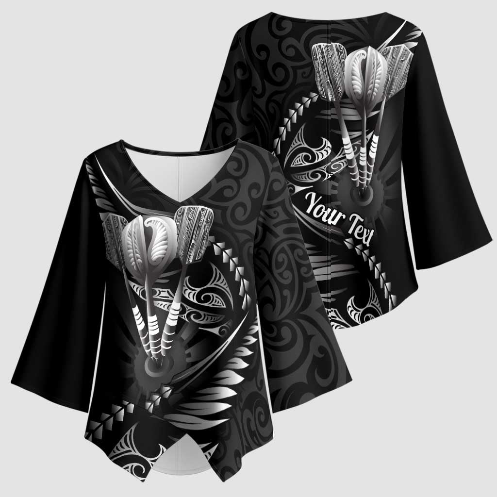 Personalised All Black New Zealand Darts Kimono Sleeve Blouse Aoteroa Fern Maori Galaxy Style - Polynesian Pride