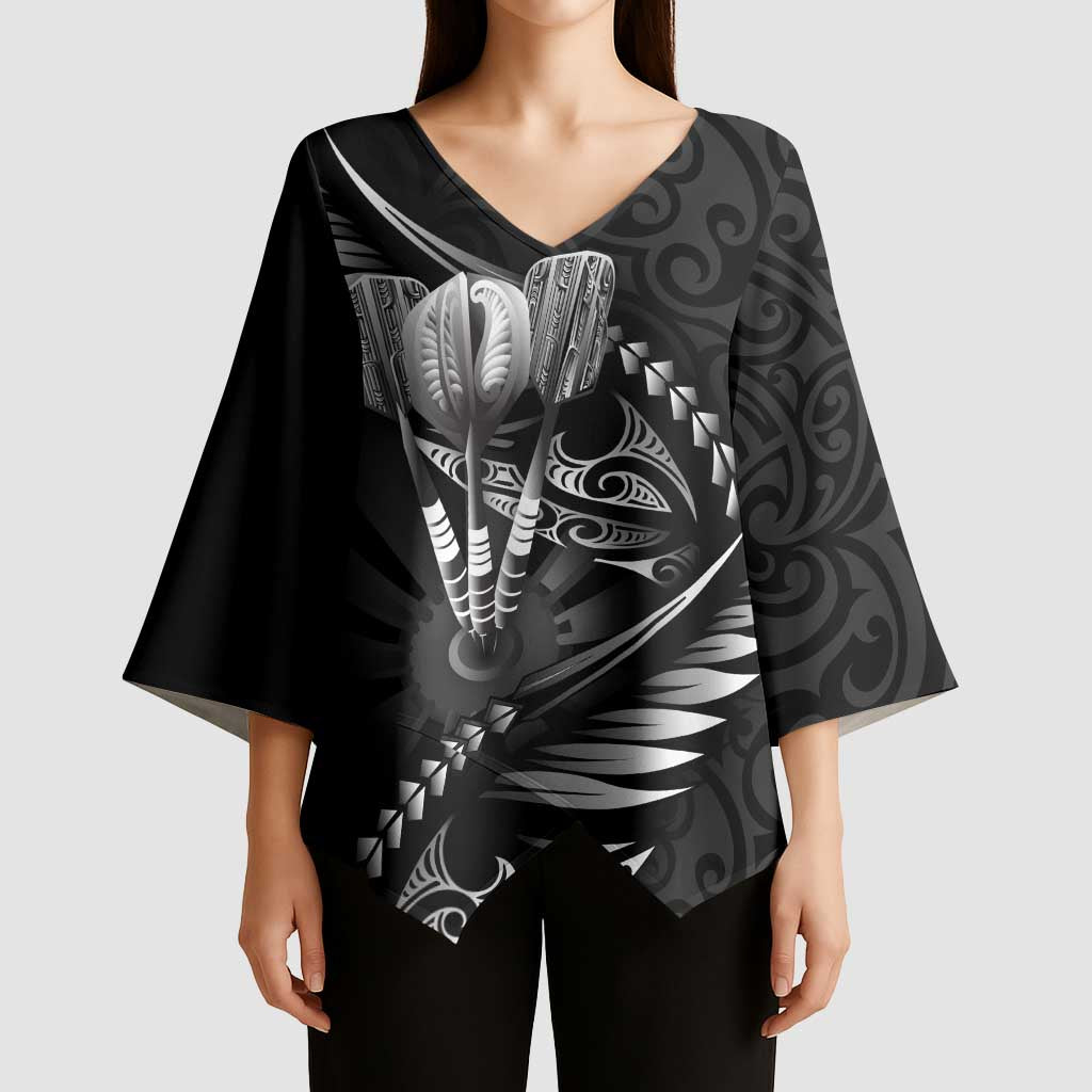 Personalised All Black New Zealand Darts Kimono Sleeve Blouse Aoteroa Fern Maori Galaxy Style - Polynesian Pride