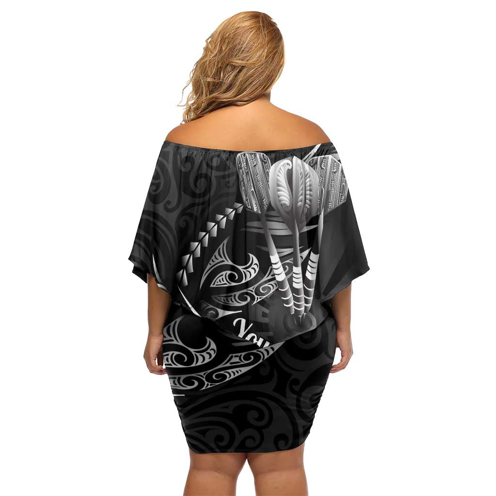 Personalised All Black New Zealand Darts Off Shoulder Short Dress Aoteroa Fern Maori Galaxy Style