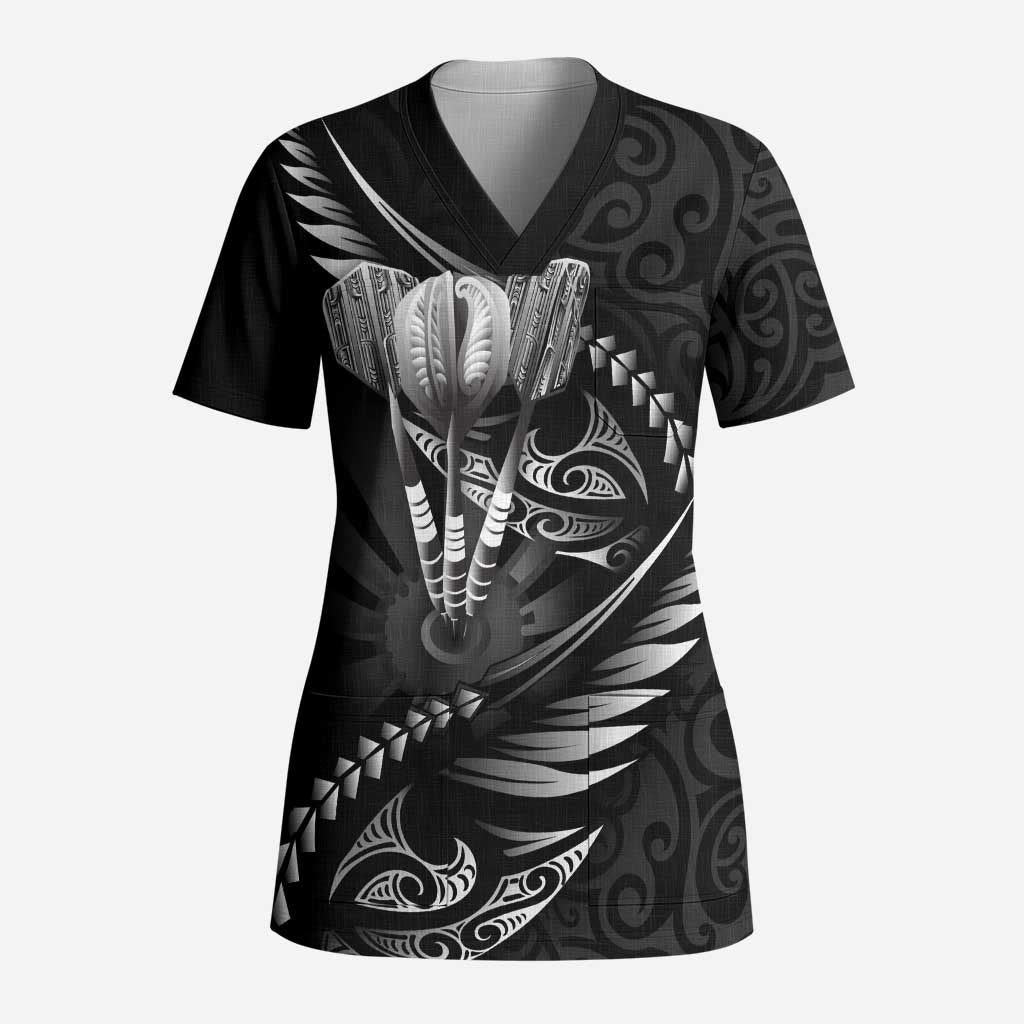 Personalised All Black New Zealand Darts Scrub Top Aoteroa Fern Maori Galaxy Style - Polynesian Pride