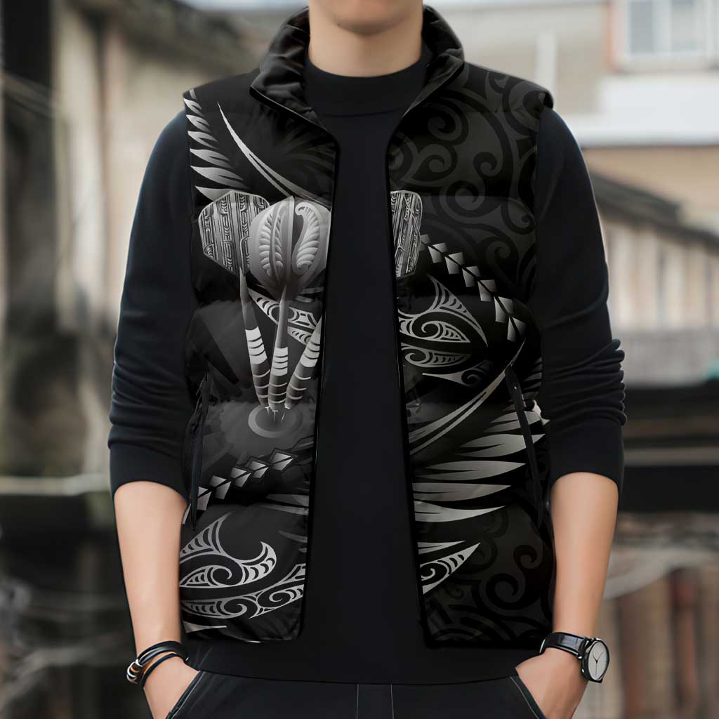 Personalised All Black New Zealand Darts Sleeveless Puffer Jacket Aoteroa Fern Maori Galaxy Style - Polynesian Pride