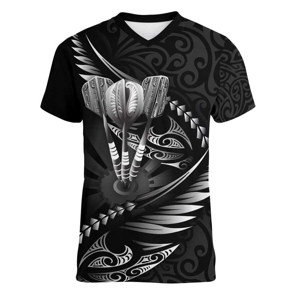 Personalised All Black New Zealand Darts Women V-Neck T-Shirt Aoteroa Fern Maori Galaxy Style