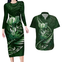 Personalised All Green New Zealand Darts Couples Matching Long Sleeve Bodycon Dress and Hawaiian Shirt Aoteroa Fern Maori Galaxy Style