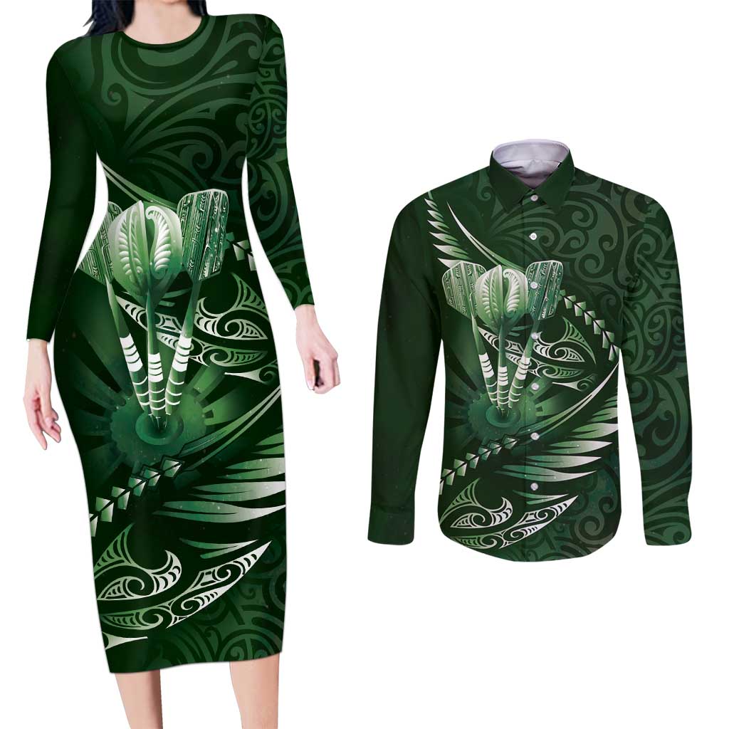 Personalised All Green New Zealand Darts Couples Matching Long Sleeve Bodycon Dress and Long Sleeve Button Shirt Aoteroa Fern Maori Galaxy Style