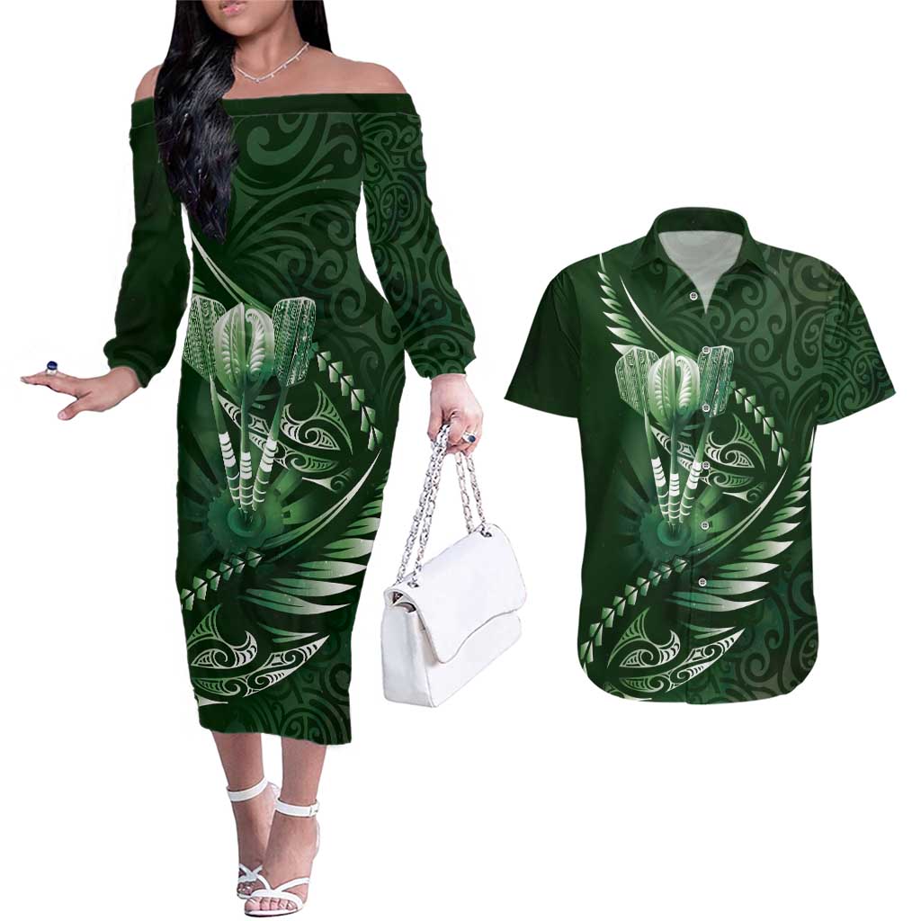 Personalised All Green New Zealand Darts Couples Matching Off The Shoulder Long Sleeve Dress and Hawaiian Shirt Aoteroa Fern Maori Galaxy Style
