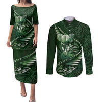 Personalised All Green New Zealand Darts Couples Matching Puletasi and Long Sleeve Button Shirt Aoteroa Fern Maori Galaxy Style