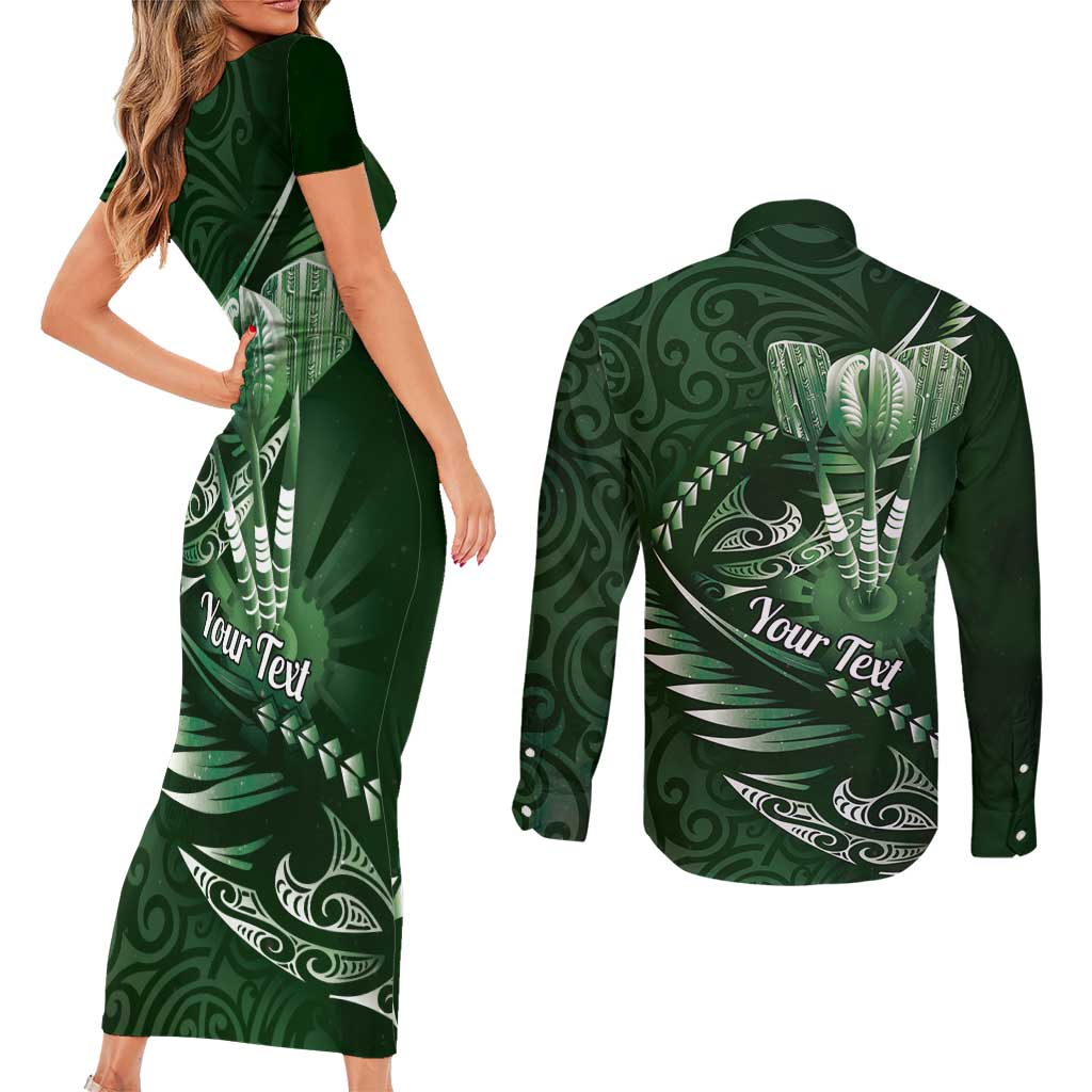 Personalised All Green New Zealand Darts Couples Matching Short Sleeve Bodycon Dress and Long Sleeve Button Shirt Aoteroa Fern Maori Galaxy Style
