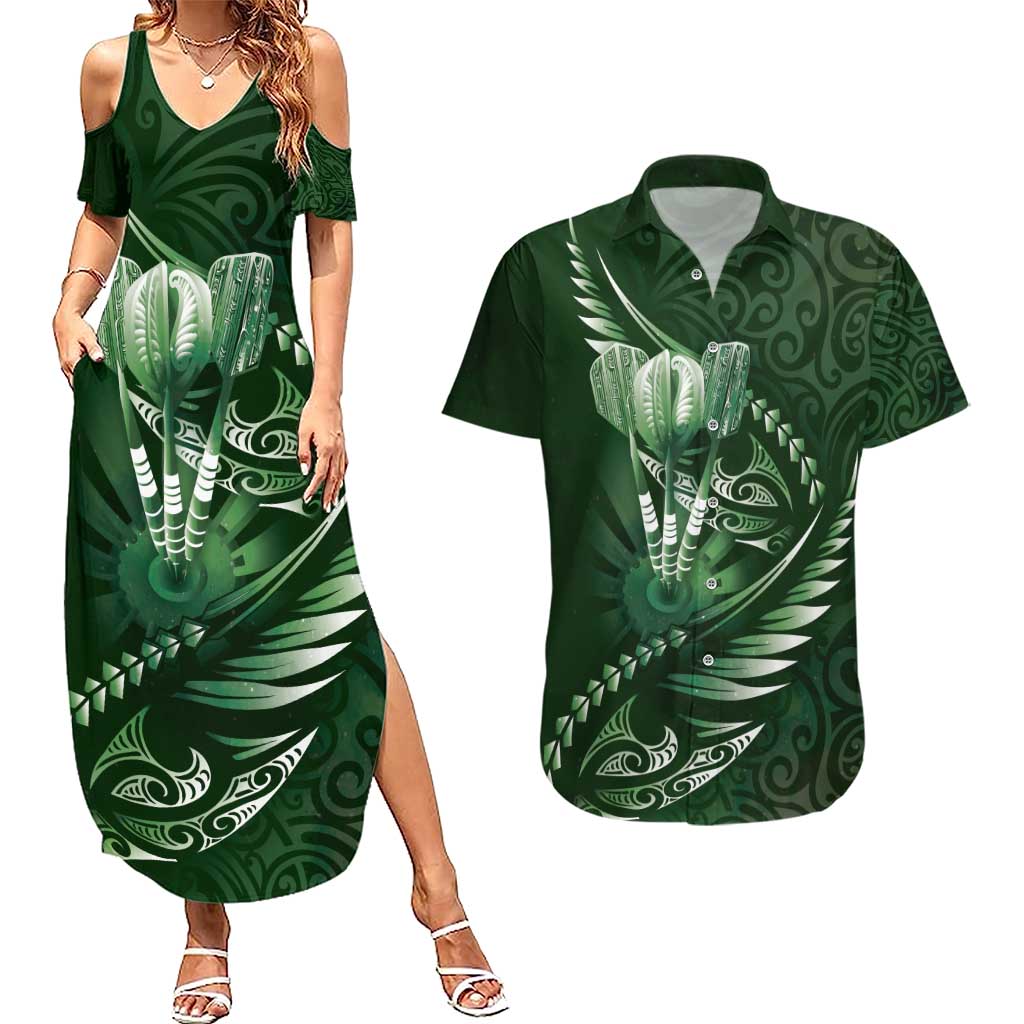 Personalised All Green New Zealand Darts Couples Matching Summer Maxi Dress and Hawaiian Shirt Aoteroa Fern Maori Galaxy Style