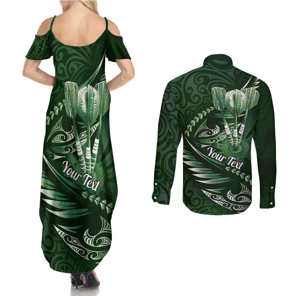 Personalised All Green New Zealand Darts Couples Matching Summer Maxi Dress and Long Sleeve Button Shirt Aoteroa Fern Maori Galaxy Style