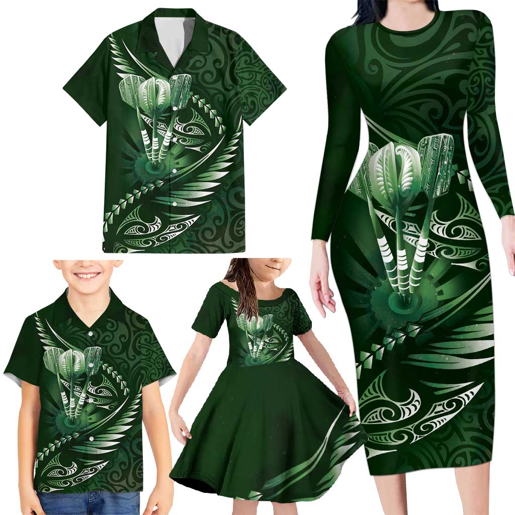 Personalised All Green New Zealand Darts Family Matching Long Sleeve Bodycon Dress and Hawaiian Shirt Aoteroa Fern Maori Galaxy Style