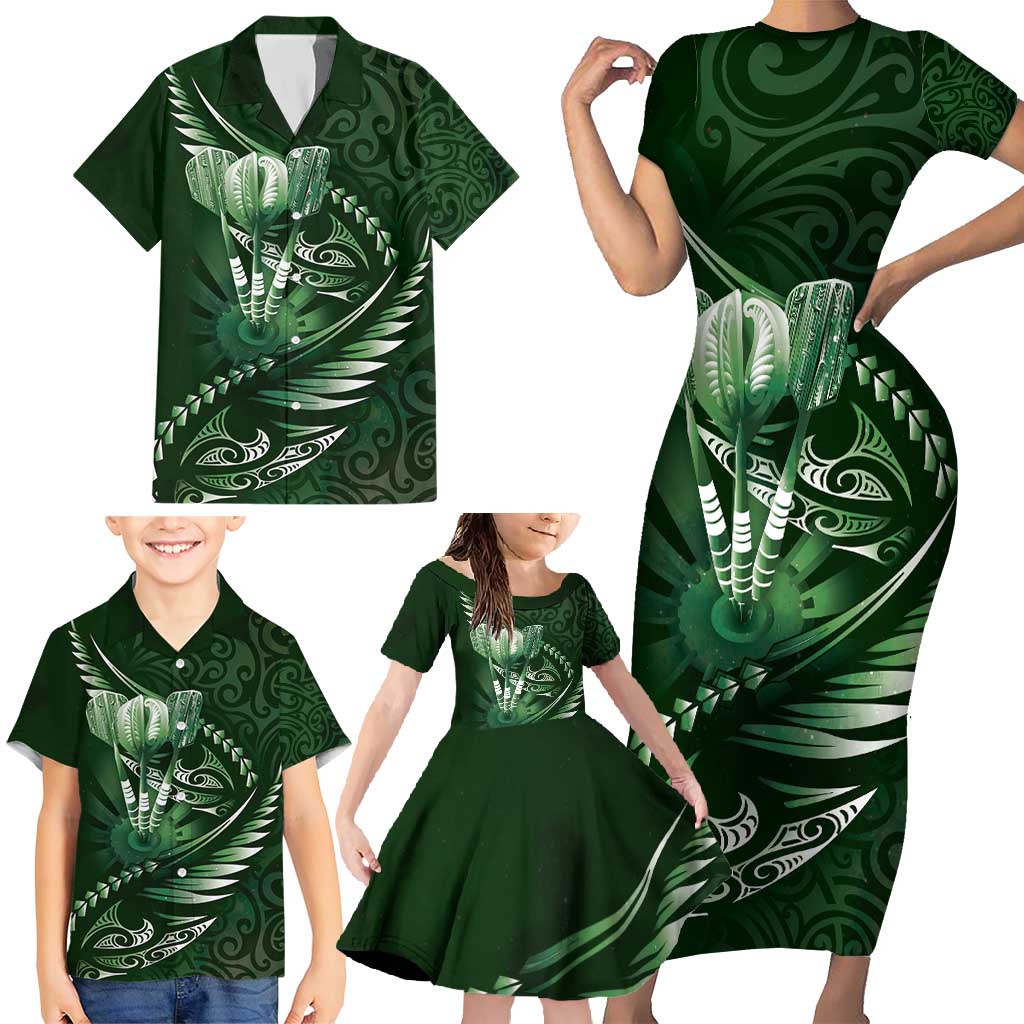 Personalised All Green New Zealand Darts Family Matching Short Sleeve Bodycon Dress and Hawaiian Shirt Aoteroa Fern Maori Galaxy Style