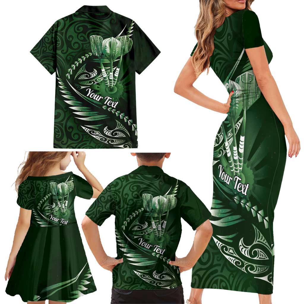 Personalised All Green New Zealand Darts Family Matching Short Sleeve Bodycon Dress and Hawaiian Shirt Aoteroa Fern Maori Galaxy Style