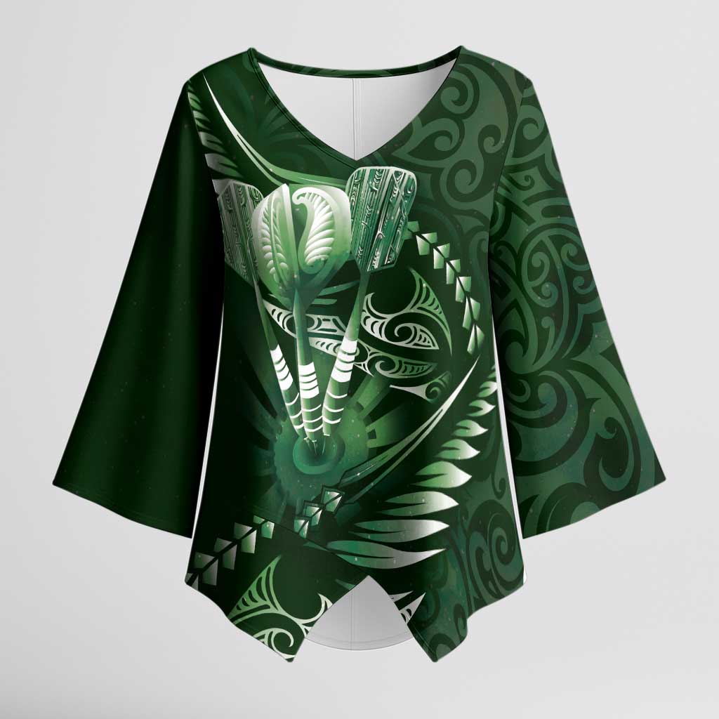 Personalised All Green New Zealand Darts Kimono Sleeve Blouse Aoteroa Fern Maori Galaxy Style - Polynesian Pride
