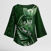 Personalised All Green New Zealand Darts Kimono Sleeve Blouse Aoteroa Fern Maori Galaxy Style - Polynesian Pride