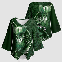 Personalised All Green New Zealand Darts Kimono Sleeve Blouse Aoteroa Fern Maori Galaxy Style - Polynesian Pride