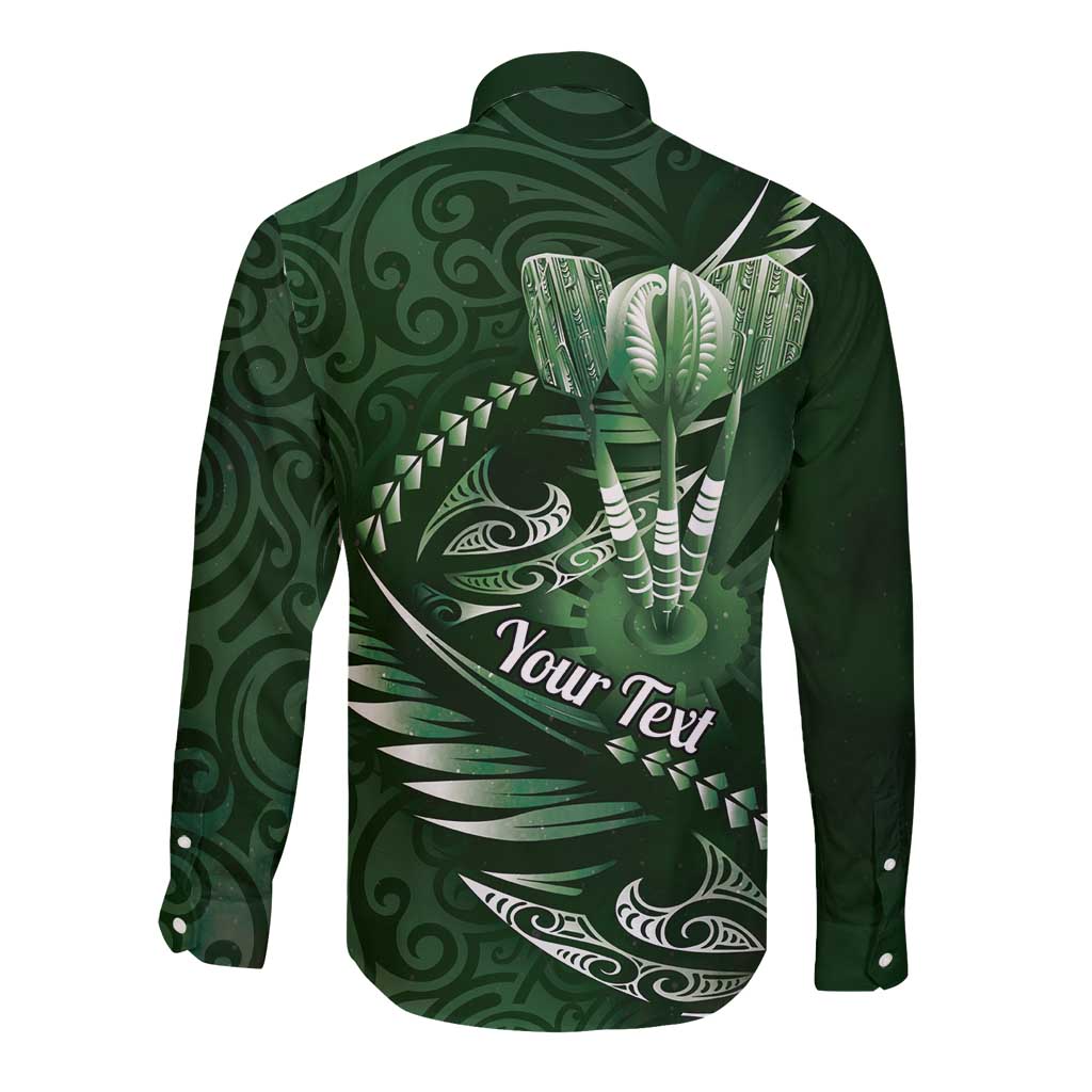 Personalised All Green New Zealand Darts Long Sleeve Button Shirt Aoteroa Fern Maori Galaxy Style