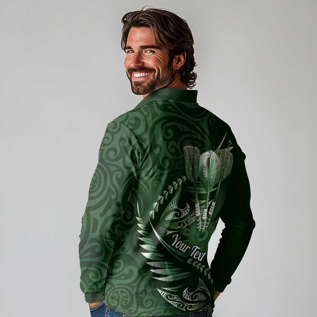 Personalised All Green New Zealand Darts Long Sleeve Polo Shirt Aoteroa Fern Maori Galaxy Style