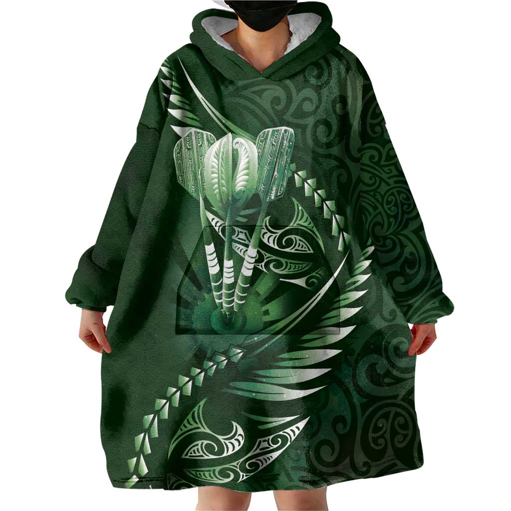 Personalised All Green New Zealand Darts Wearable Blanket Hoodie Aoteroa Fern Maori Galaxy Style